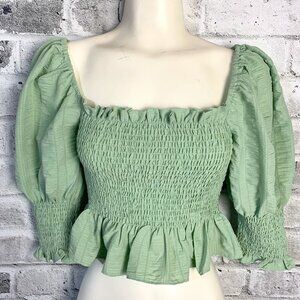 En Saison Crop Top Mint Smocked Puff Sleeve Square Neck Peasant Boho Blouse